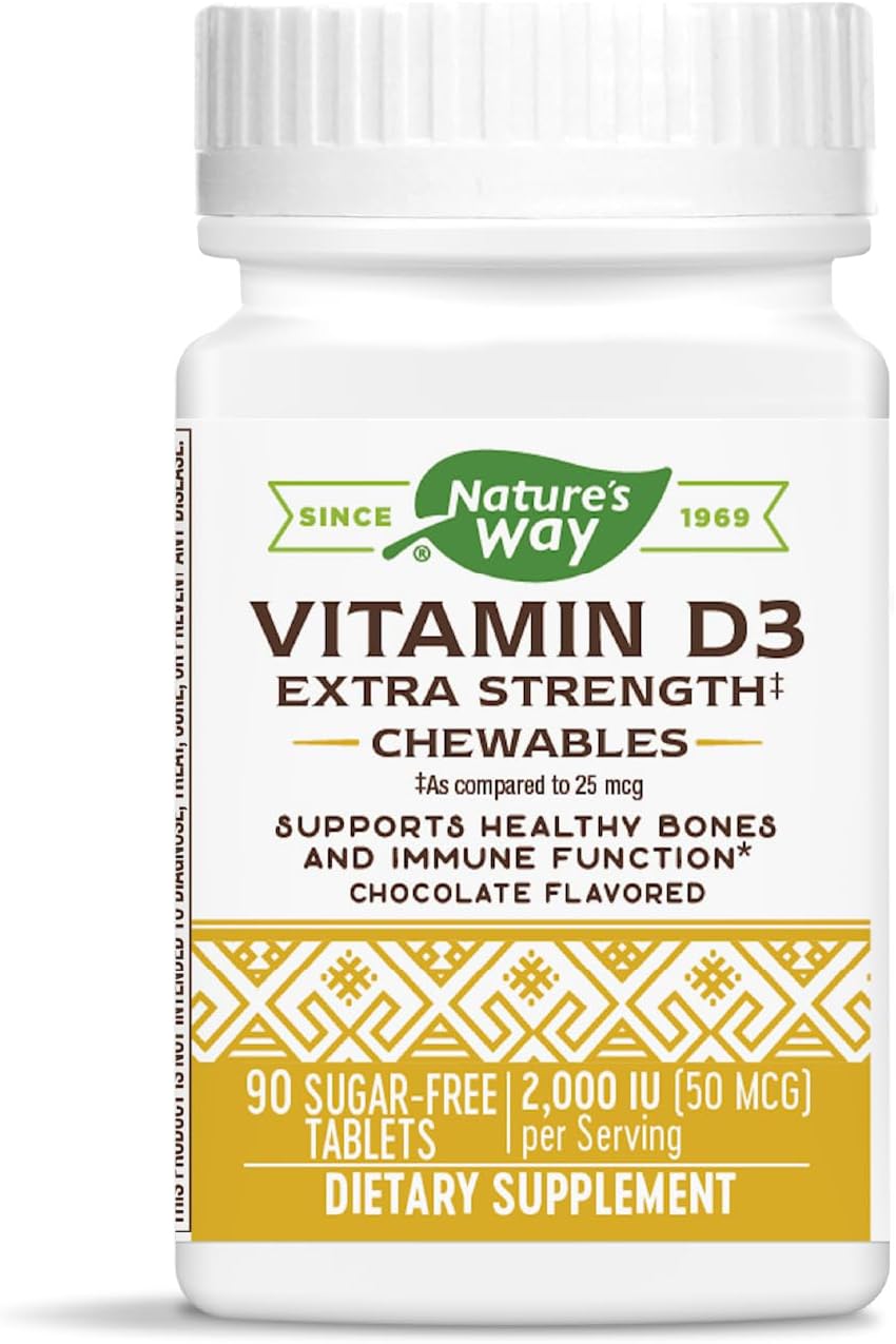 Nature's Way Vitamina D3 Extra Strength, Sin Azúcar, Sabor Chocolate, 90 Comprimidos Masticables