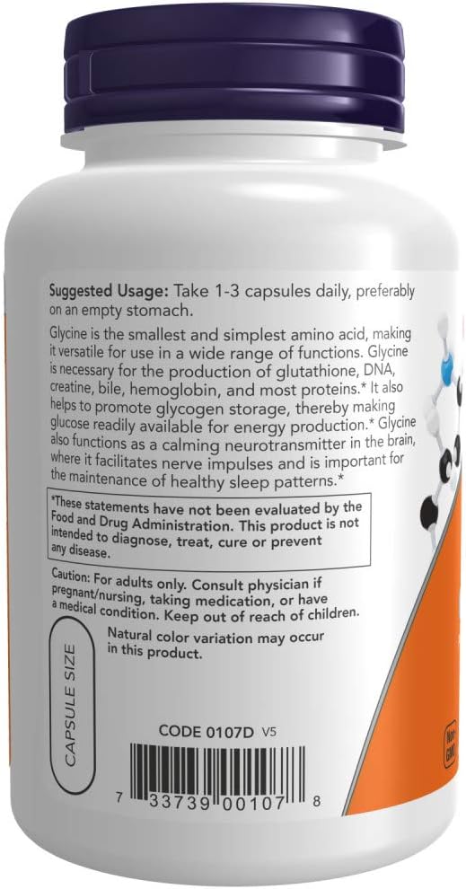 NOW Foods Glycine 1000 mg 100 Capsules - Pharmaceutical Grade Amino Acid