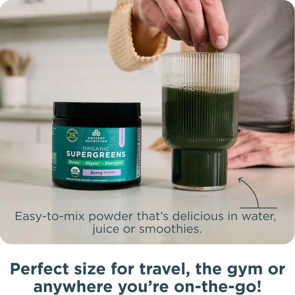 Ancient Nutrition SuperGreens en Polvo con Probióticos, Sabor Berry Orgánico, 12 Porciones, 91g