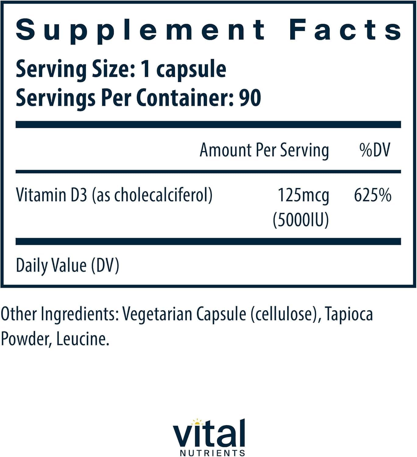 Vital Nutrients Vitamina D3 5000 IU - 90 Cápsulas