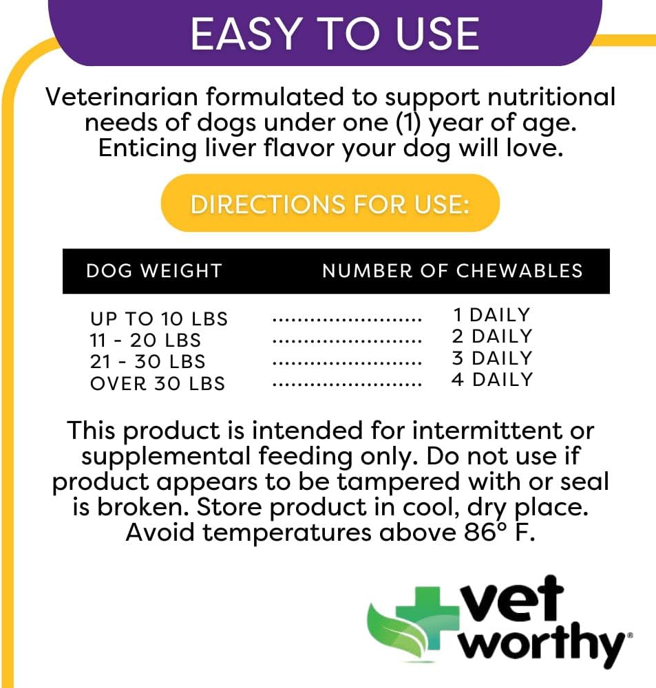 Puppy MultiVitamins - Multivitamínico para Cachorros para Apoyar la Salud Óptima y el Bienestar General - Suplemento para Perros con Hierro, Magnesio, Zinc, Vitamina A, Vitaminas B - Sabor a Hígado, 60 Comprimidos Masticables