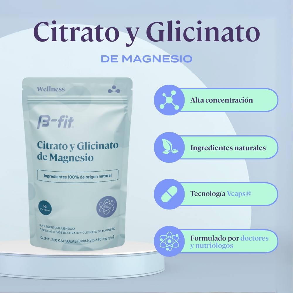 B-FIT B Magnesio Glicinato y Citrato - Apoya el Sueño y la Recuperación Muscular - Vegano - 496 mg - 220 Cápsulas - 2 Meses de Suministro