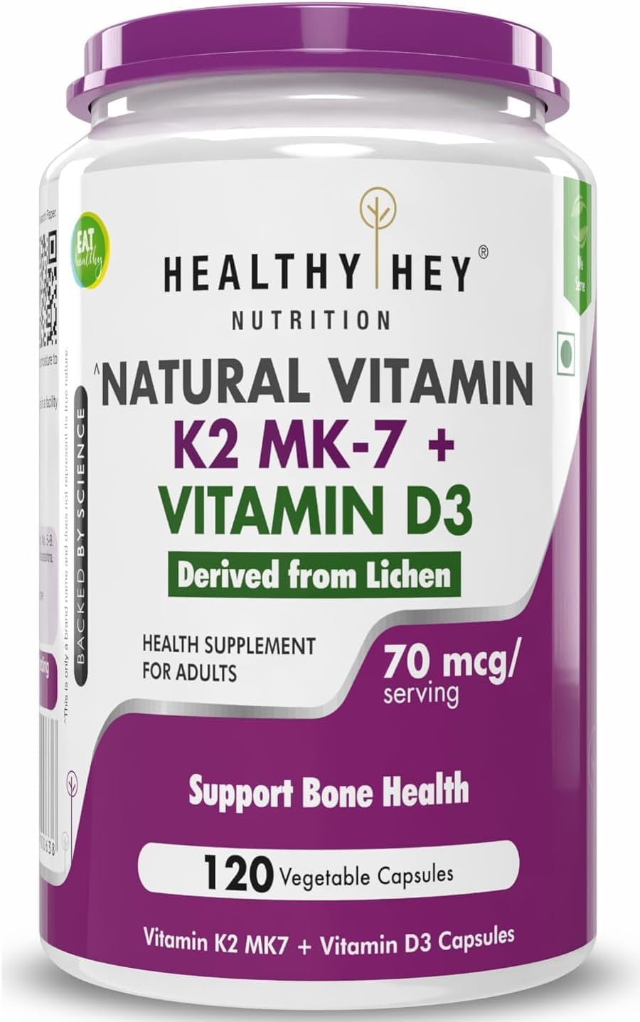Natural Vitamin K2 + Natural D3 - Non-GMO | No Sintético 120 Cápsulas Vegetales