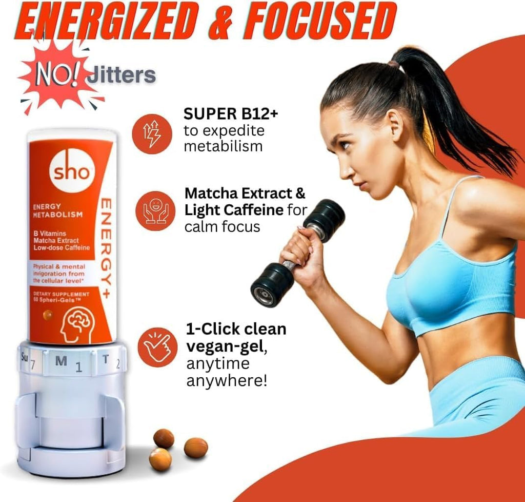 SHO Energy+ Focus Kit - Suplemento Vegano de Vitamina B con Matcha y Cafeína Natural (60 Cápsulas)