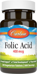 Carlson Ácido Fólico 400 mcg - Suplemento Prenatal para el Desarrollo Fetal, 300 Comprimidos