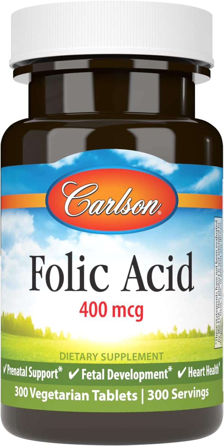 Carlson Ácido Fólico 400 mcg - Suplemento Prenatal para el Desarrollo Fetal, 300 Comprimidos