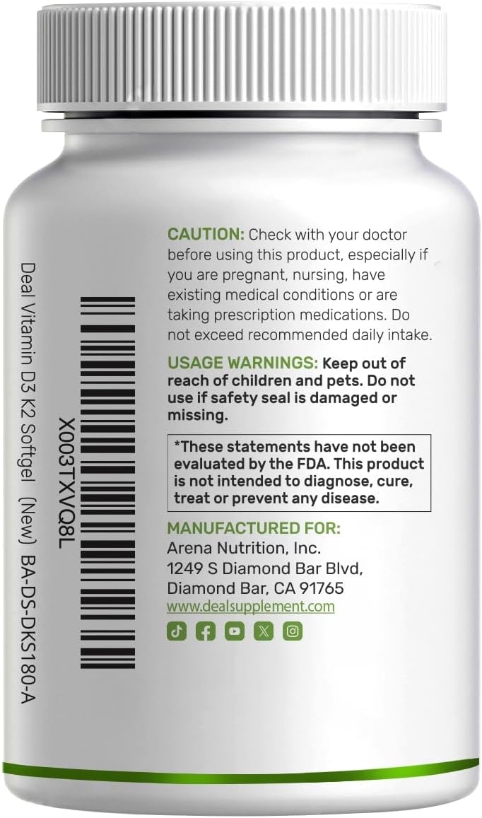 DEAL SUPPLEMENT Vitamina D3 5000 UI + K2 MK7, 250 Cápsulas Blandas