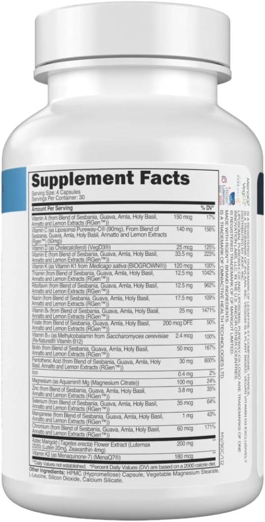 Transparent Labs Multivitamínico Diario para Mujeres – A Base de Alimentos Integrales, Vegano, Orgánico, con Vitaminas, Luteína, Biotina, Folato y Magnesio – 120 Cápsulas