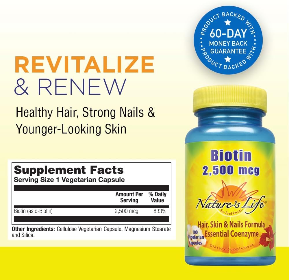 Nature's Life Biotina 2500mcg | Cabello, Piel y Uñas Saludables | No-GMO | 100 Cápsulas Vegetales
