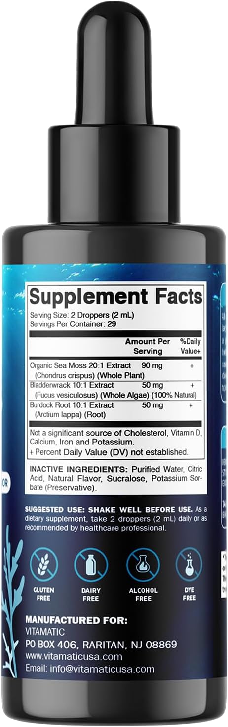 Vitamatic Liquid Organic Irish Sea Moss con Fucus y Raíz de Bardana - 2800 mg por ración - 60 ml