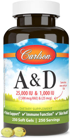 Carlson A y D, 25.000 UI de Vitamina A y 1.000 UI de Vitamina D3, 250 Cápsulas Blandas