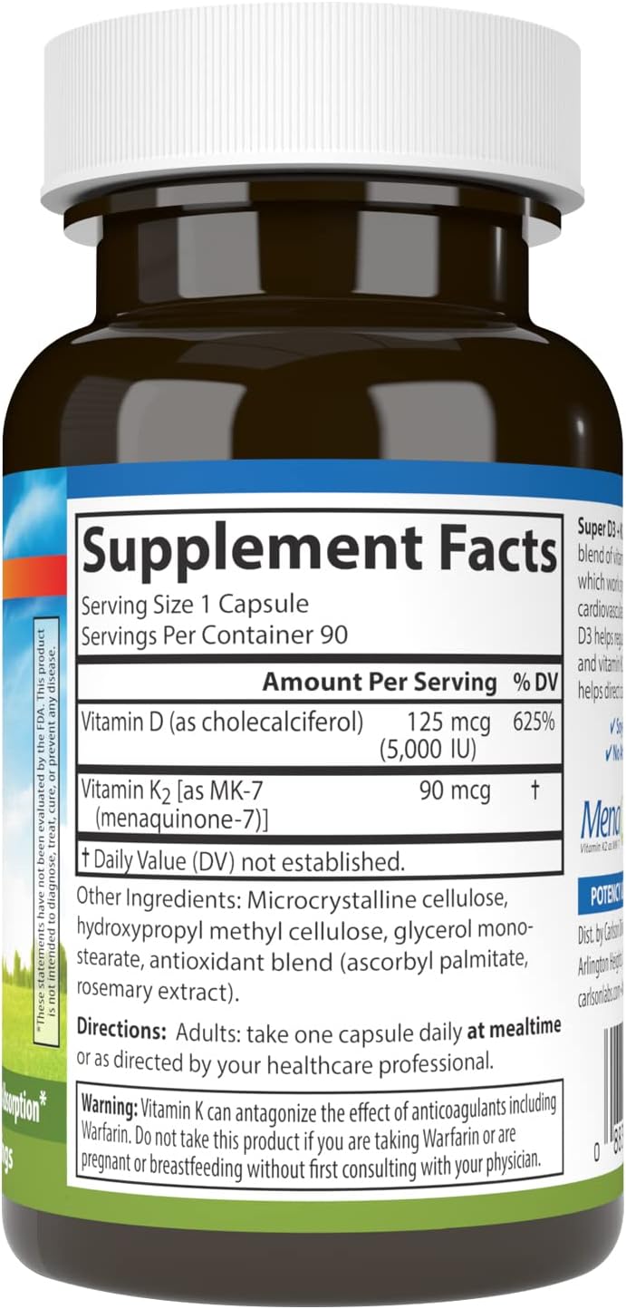 Carlson Super D3 + K2 - 5000 UI Vitamina D3 y 90 mcg Vitamina K2 MK-7 - 90 Cápsulas Vegetarianas