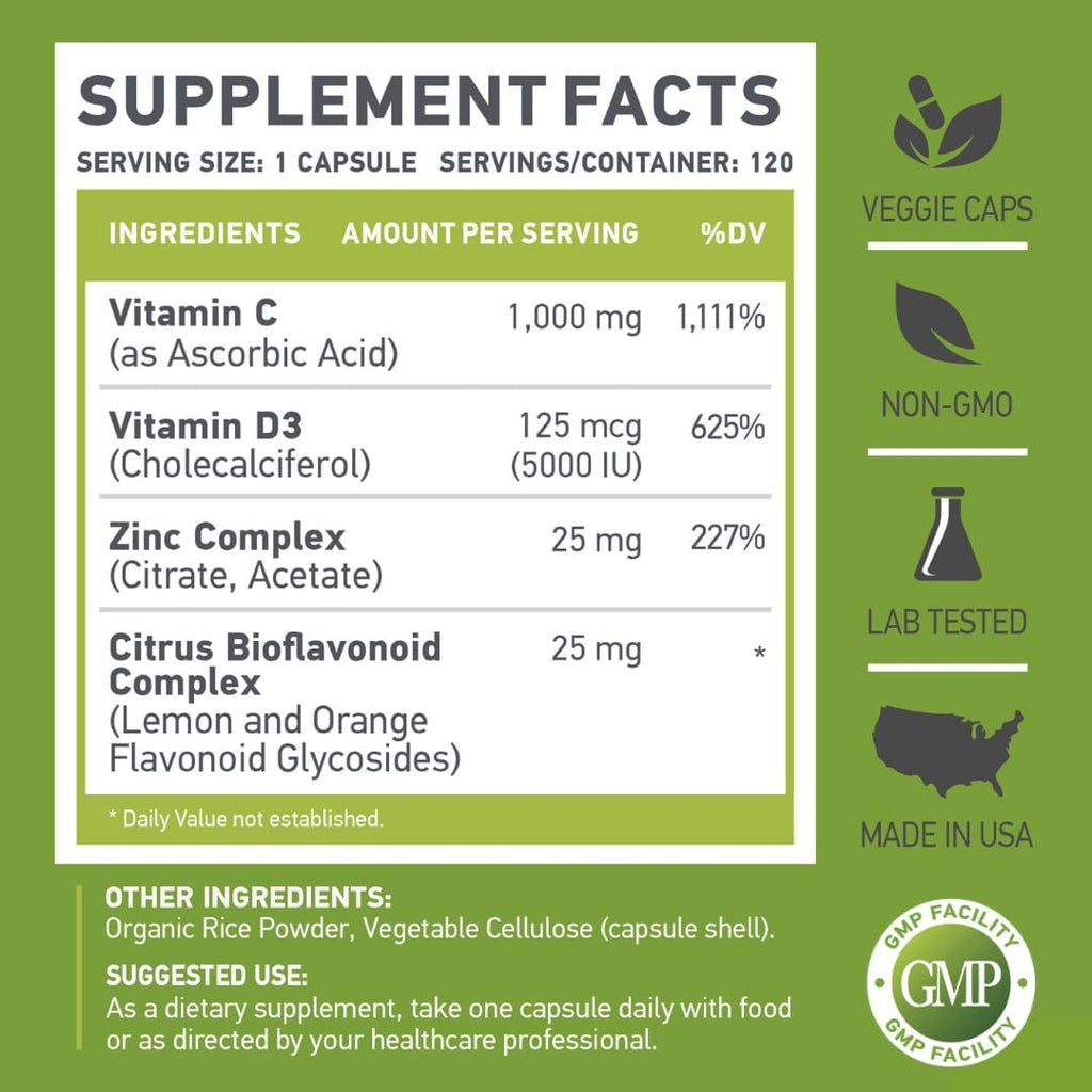 C D Z | Vitamina C (1000mg), Vitamina D3 (125mcg) y Zinc (25mg) | 120 Cápsulas Vegetarianas