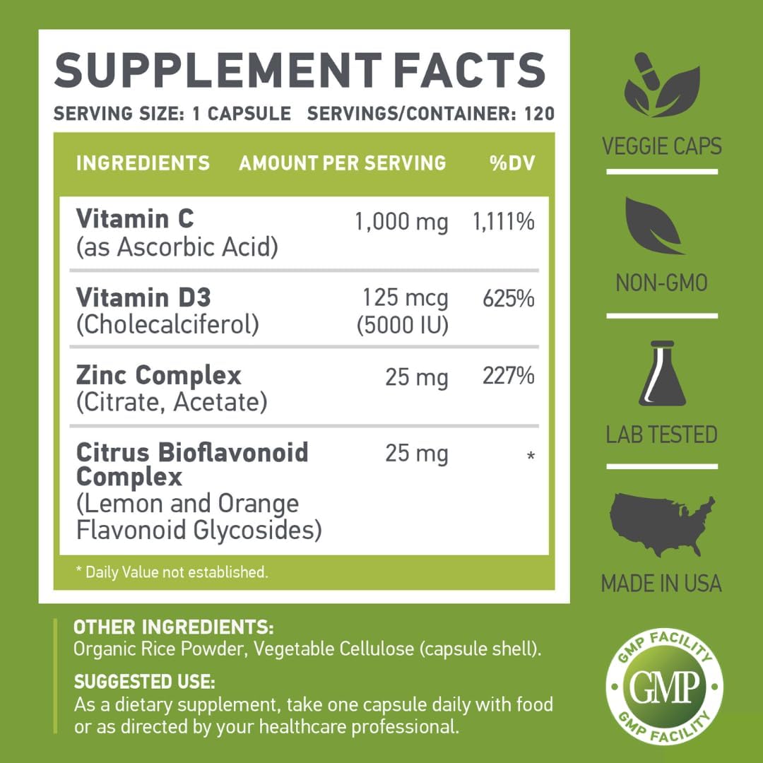 C D Z | Vitamina C (1000mg), Vitamina D3 (125mcg) y Zinc (25mg) | 120 Cápsulas Vegetarianas
