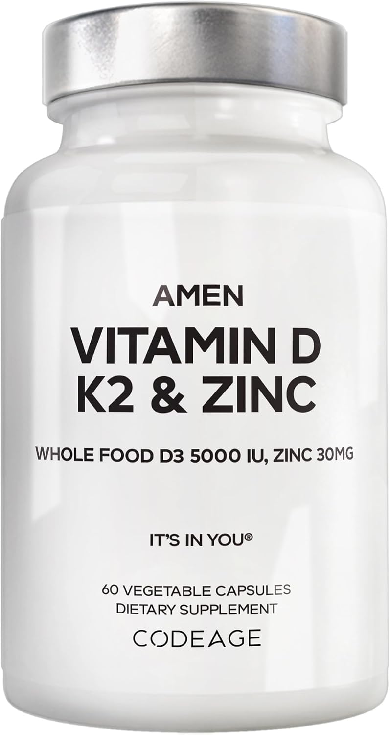 Amen Vitamina D3, K2 y Zinc con Mezcla de Frutas Orgánicas - 5000 UI D3, 90 mcg K2, 30 mg Zinc - Vegano, Non-GMO - 60 Cápsulas