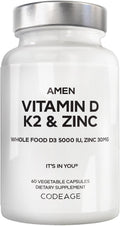 Amen Vitamina D3, K2 y Zinc con Mezcla de Frutas Orgánicas - 5000 UI D3, 90 mcg K2, 30 mg Zinc - Vegano, Non-GMO - 60 Cápsulas