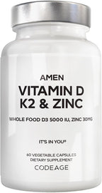 Amen Vitamina D3, K2 y Zinc con Mezcla de Frutas Orgánicas - 5000 UI D3, 90 mcg K2, 30 mg Zinc - Vegano, Non-GMO - 60 Cápsulas
