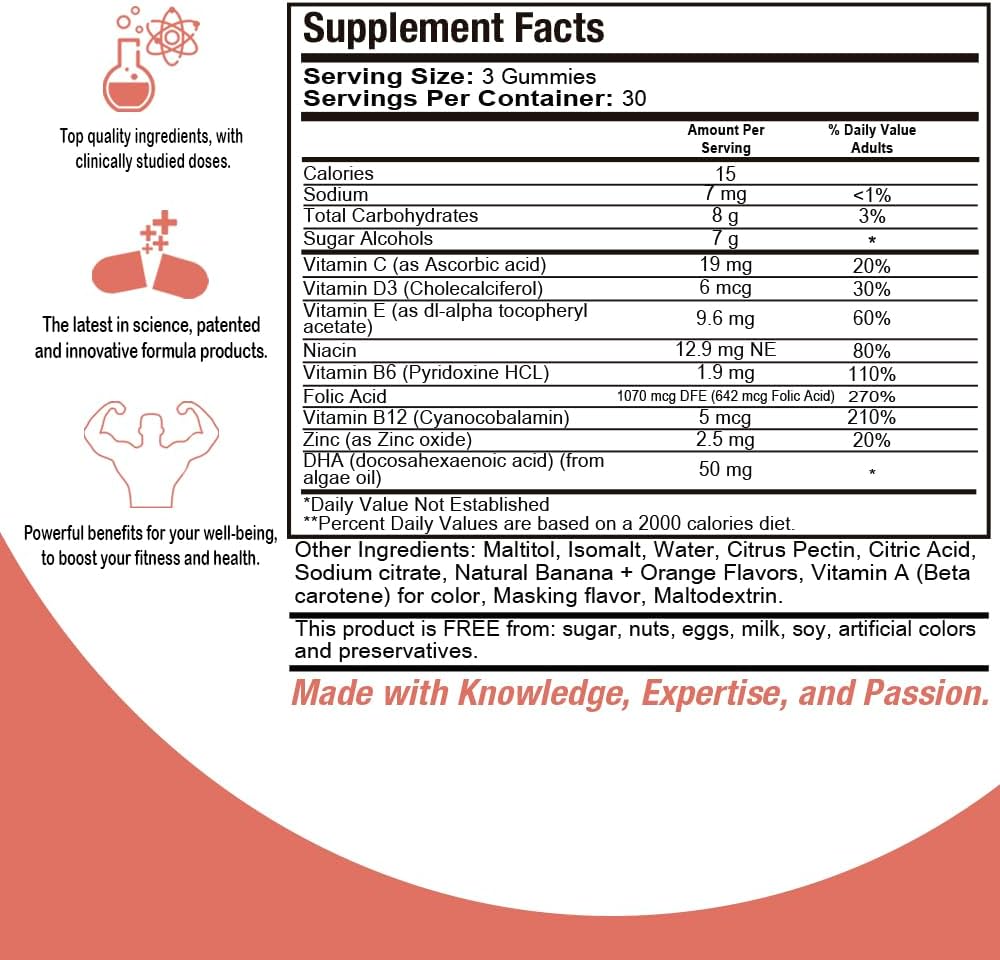 Health Dose Complejo Prenatal/Postnatal, Gominolas con Vitamina B6, B12, C, Zinc, 90 unidades