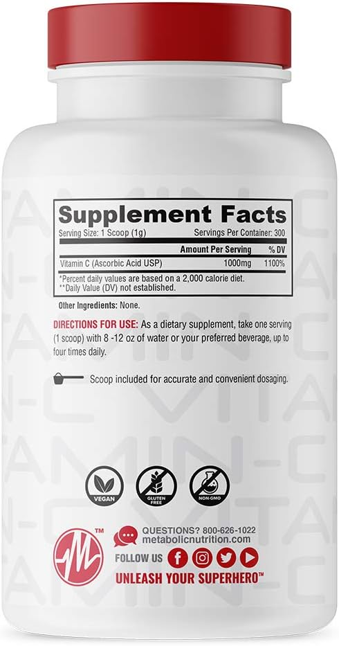 Metabolic Nutrition Vitamina C, 1000 mg, Ácido Ascórbico Puro, 300 g