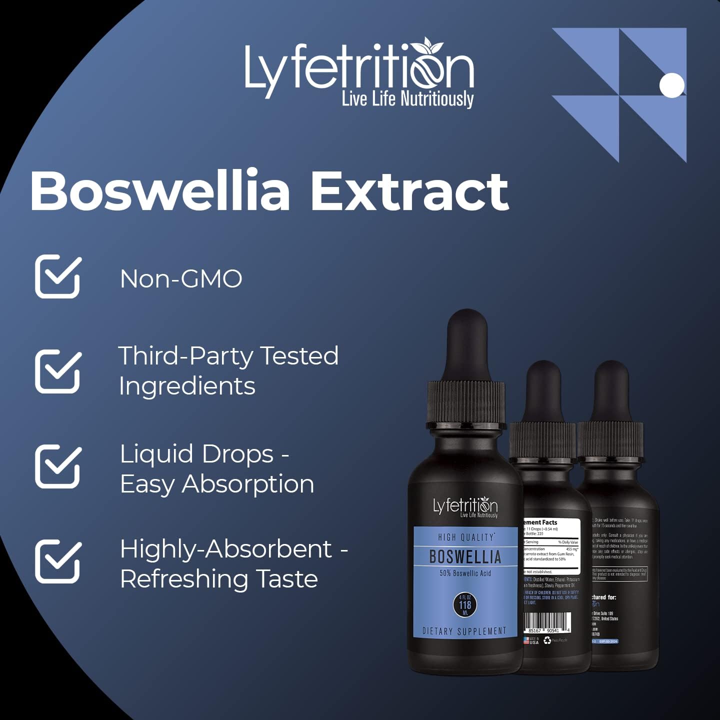 Lyfetrition Boswellia 455 mg - Extracto Líquido 118 ml - 220 Porciones - Alta Absorción - No Modificado Genéticamente - Certificado GMP - Sin Crueldad