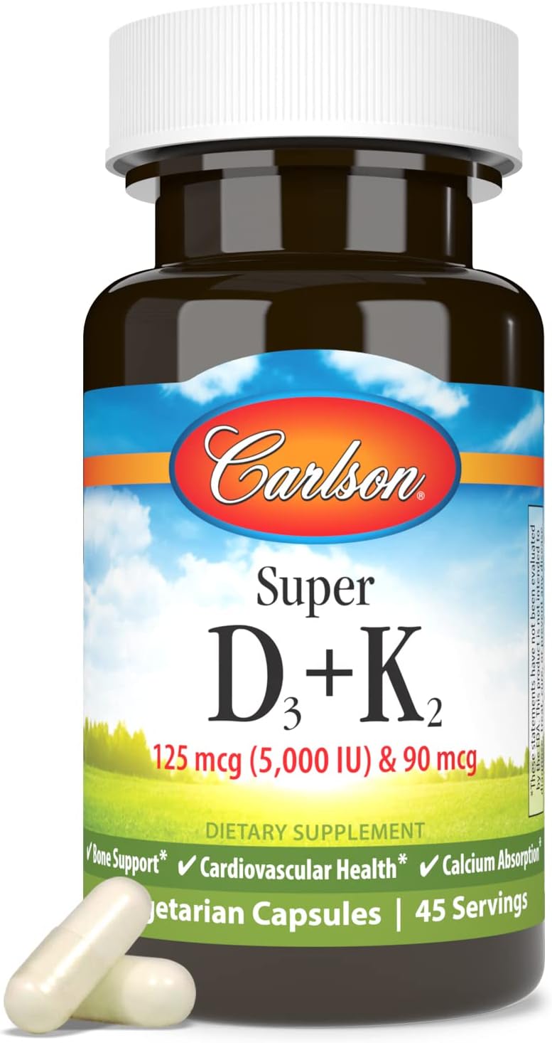Carlson Super D3 + K2, 125 mcg (5000 UI) Vitamina D3, 90 mcg Vitamina K2 como MK-7, Soporte Óseo, Absorción de Calcio, 45 Cápsulas Vegetales
