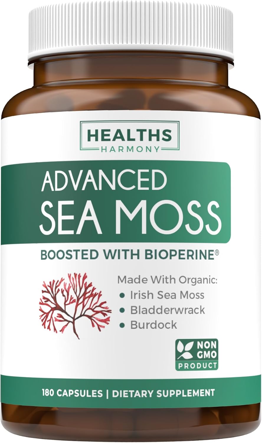 Cápsulas de Musgo Marino Orgánico con Bladderwrack, Bardana y Pimienta Negra - 2 Meses de Suministro