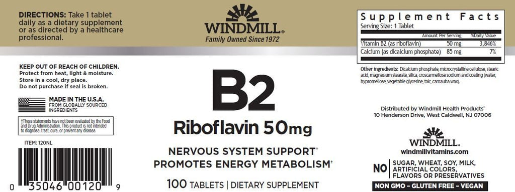 Vitamina B2 (Riboflavina) 50 mg – 200 Comprimidos (2 Envases de 100)