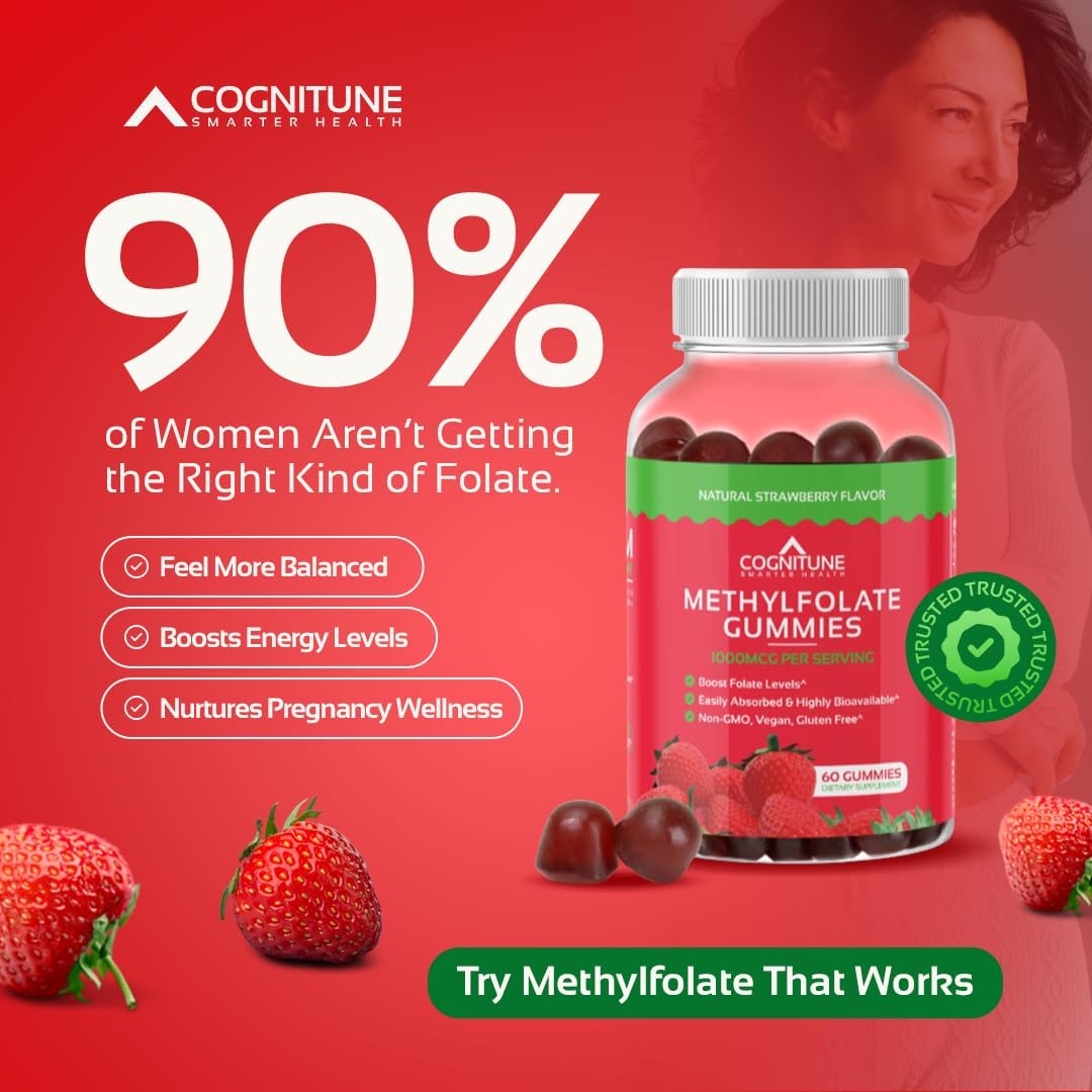 CogniTune Methylfolate Gummies para Niños y Adultos - L-Metilfolato 1000 mcg - Complemento de Folato Activo 5-MTHF - Apoyo MTHFR - Gomitas de Fresa - Sin OGM, Vegano - 60 Unidades