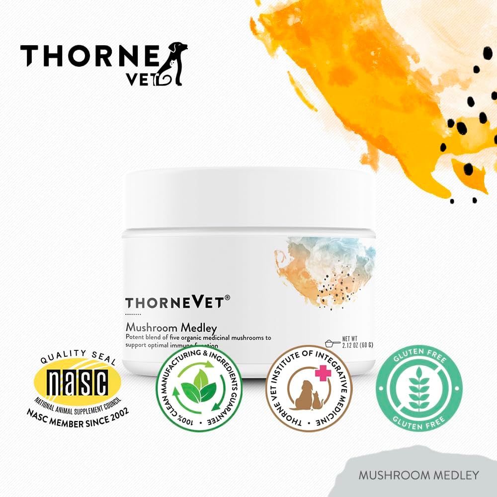 ThorneVet Mushroom Medley para Perros - Apoyo Inmunológico y Antioxidantes - con Reishi, Cola de Pavo, Cordyceps, Maitake y Chaga - Apoyo para Perros en Tratamiento contra el Cáncer - 120 Dosis
