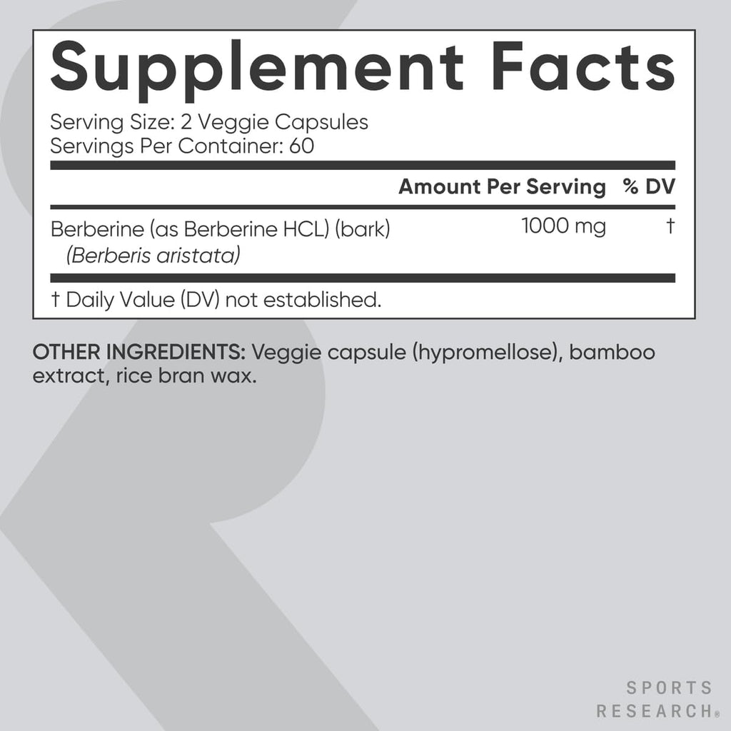 Sports Research Berberine - Apoyo Metabólico Herbal Ayurvédico - 1000 mg - 120 Cápsulas - Vegano, Sin Gluten