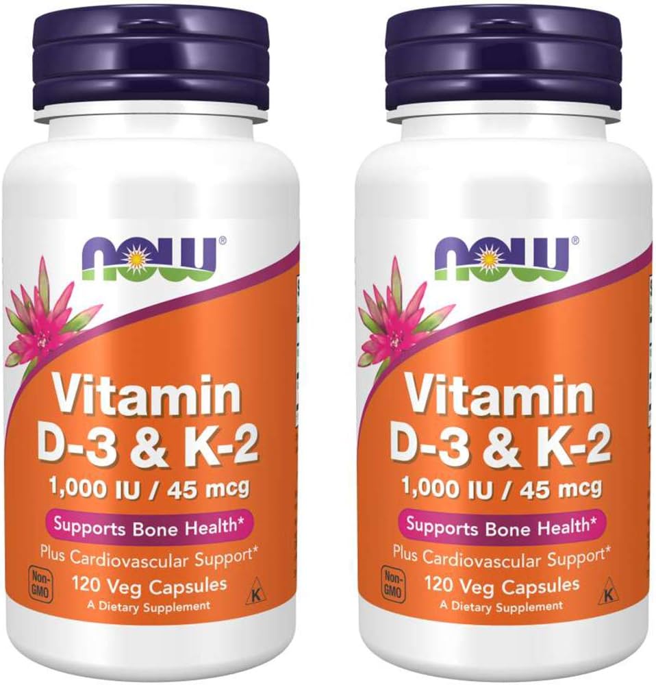 NOW Foods Vitamina D-3 y K-2, 120 Cápsulas Vegetales (Paquete de 2)