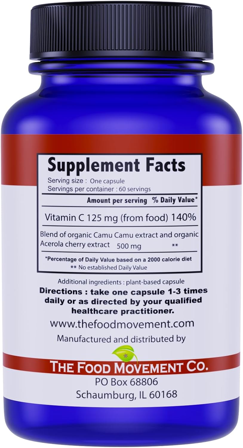 THE FOOD MOVEMENT CO. 100% Plant-Based Vitamin C - 125 mg, 60 Cápsulas - Suplemento Alimenticio Vegano y Orgánico