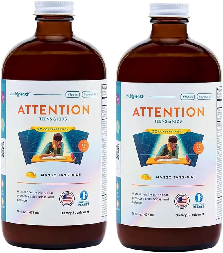 LIQUIDHEALTH Attention, Multivitamínico Líquido para Niños y Adolescentes - Sabor Mango-Mandarina, Vegano, Sin Azúcar (Pack de 2)