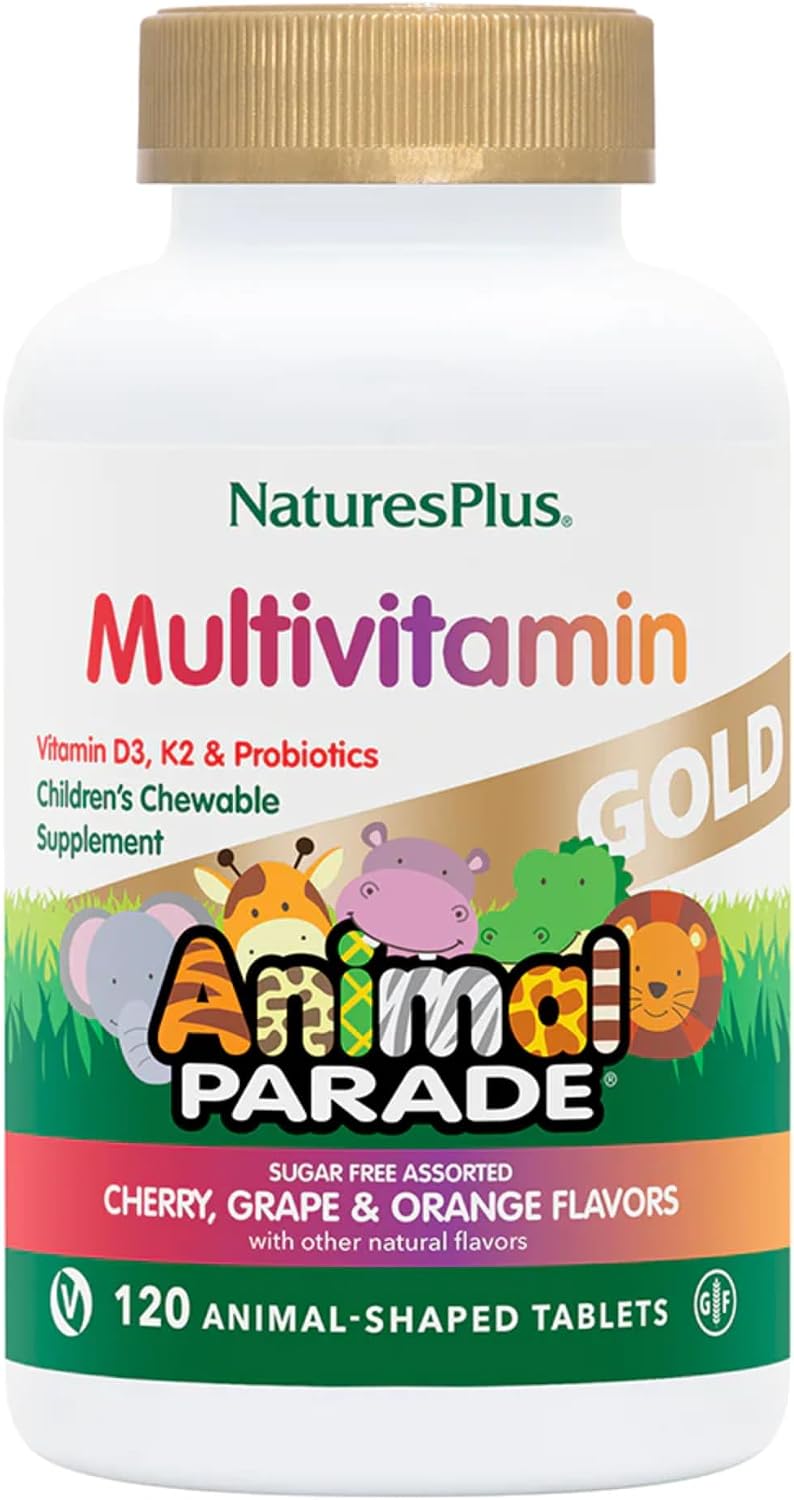 NaturesPlus Animal Parade Gold Multivitamínico Infantil - 120 Comprimidos Masticables Sabor Cereza, Naranja y Uva