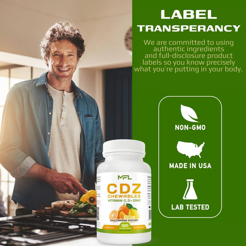 MUSCLE FOOD LABS C D Z Chewables - Vitamina C 1000 mg, Vitamina D3 y Zinc - 120 Comprimidos Masticables Vegetarianos