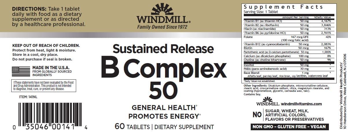 Windmill B-Complex Liberación Sostenida, 60 Comprimidos