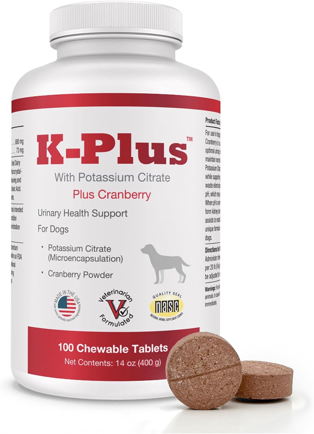K-Plus Citrato Potásico y Arándano para Perros - 100 Comprimidos Masticables