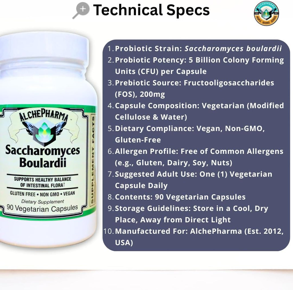 AlchePharma Saccharomyces Boulardii - Probiótico con 5B UFC y FOS Prebiótico