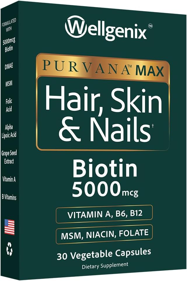 Wellgenix Purvana MAX – Biotin 5000mcg with MSM and B Complex – 30 Vegetarian Capsules
