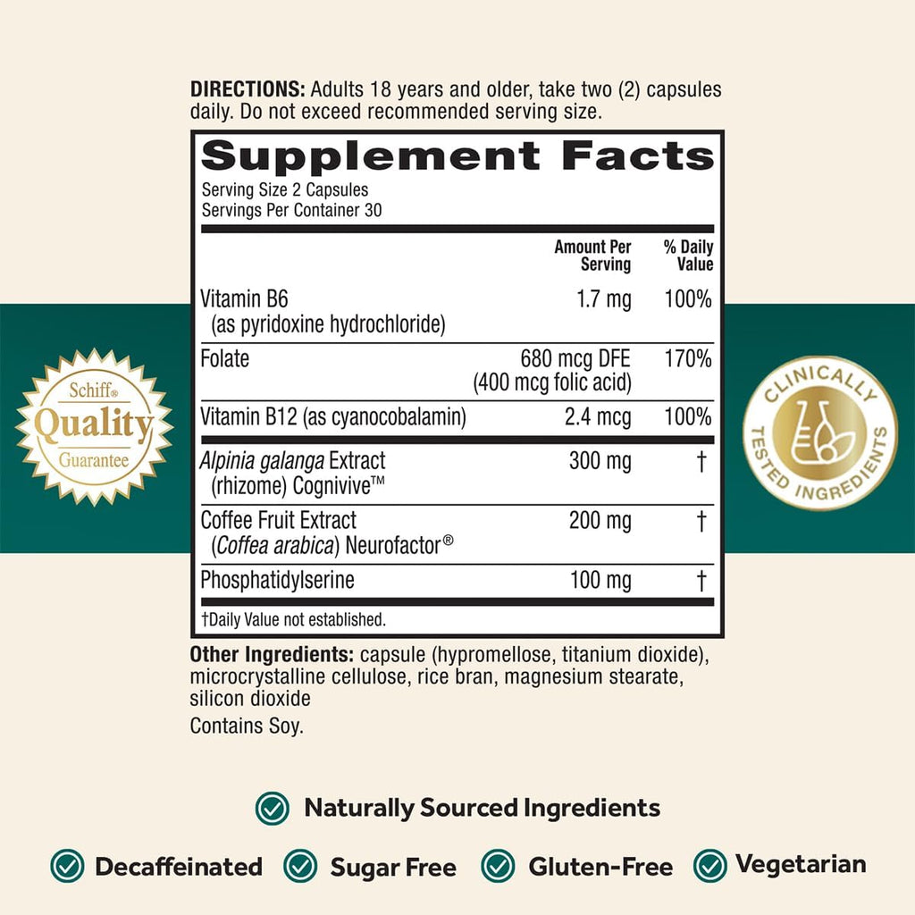 NEURIVA Ultra Decaf Suplemento Nootrópico para Memoria, Concentración y Enfoque, 60 Cápsulas (2 Paquetes)