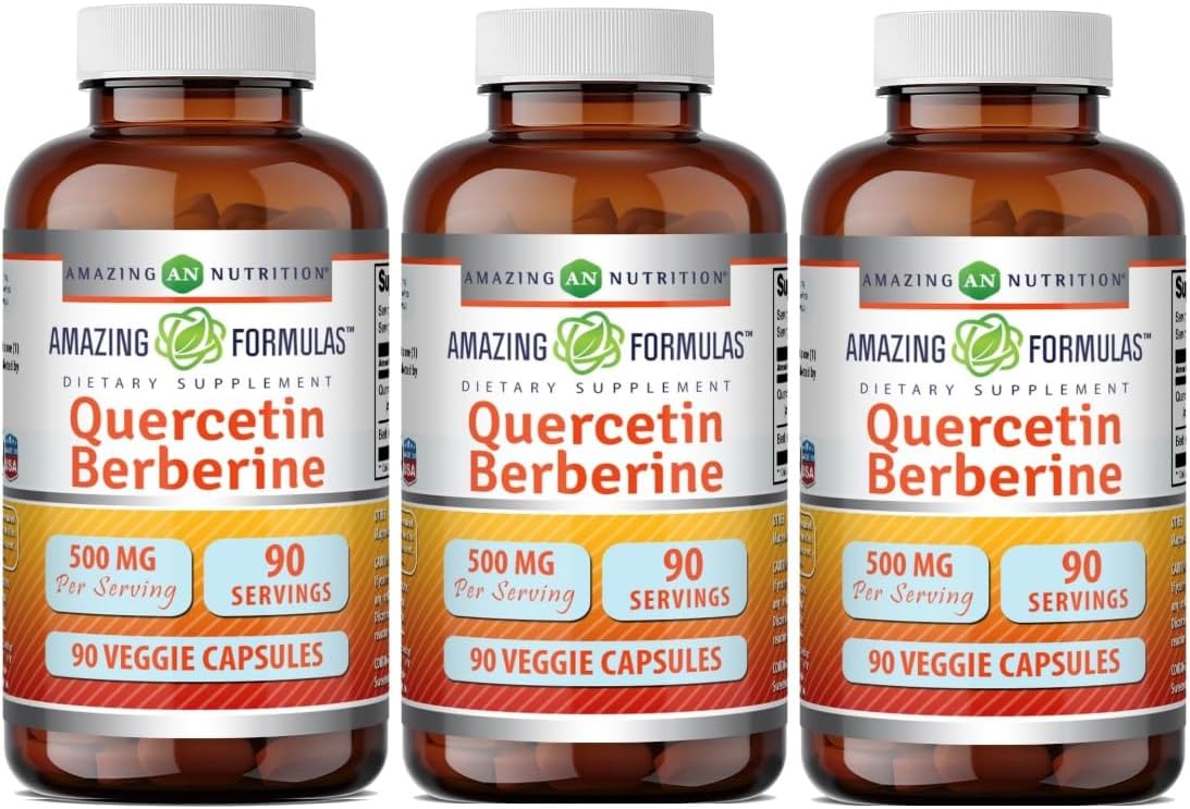Amazing Formulas Quercetina y Berberina | 250 mg Berberina + 250 mg Quercetina | Cápsulas Vegetales | Sin OGM | Sin Gluten | 90 Cápsulas (Pack de 3)