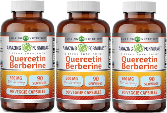 Amazing Formulas Quercetina y Berberina | 250 mg Berberina + 250 mg Quercetina | Cápsulas Vegetales | Sin OGM | Sin Gluten | 90 Cápsulas (Pack de 3)
