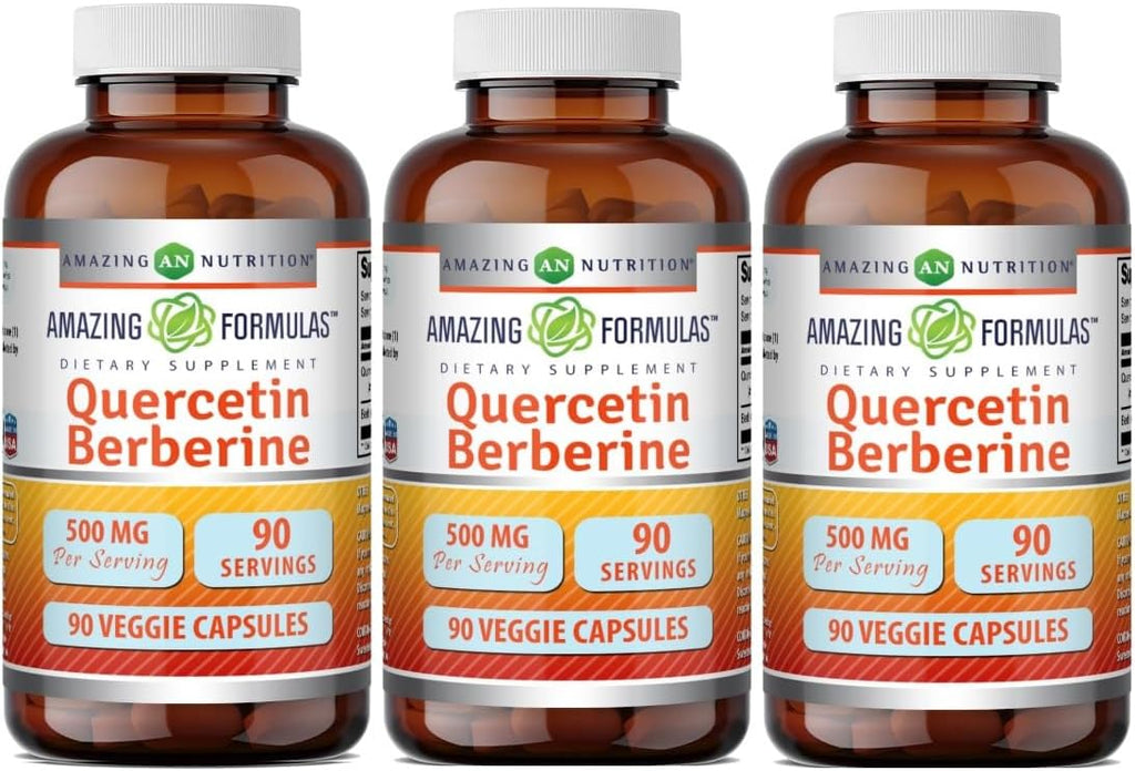 Amazing Formulas Quercetina Berberina | 250 mg Berberina y 250 mg Quercetina | Cápsulas Vegetales | No GMO | Sin Gluten | Hecho en EE.UU. (30 unidades)