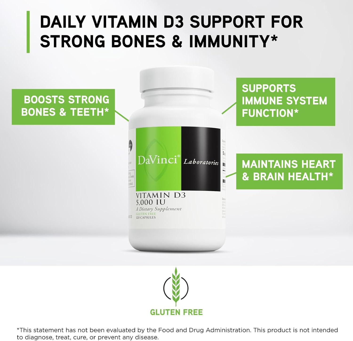 DAVINCI Labs Vitamin D3 5000 IU - Supplement for Bones, Teeth, Cardiovascular Function & Immunity - 120 Capsules