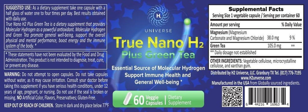 True Nano H2 con Té Verde - Hidrógeno Molecular con Nanoburbujas de Hidrógeno Activo - 60 Cápsulas