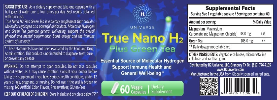 True Nano H2 con Té Verde - Hidrógeno Molecular con Nanoburbujas de Hidrógeno Activo - 60 Cápsulas