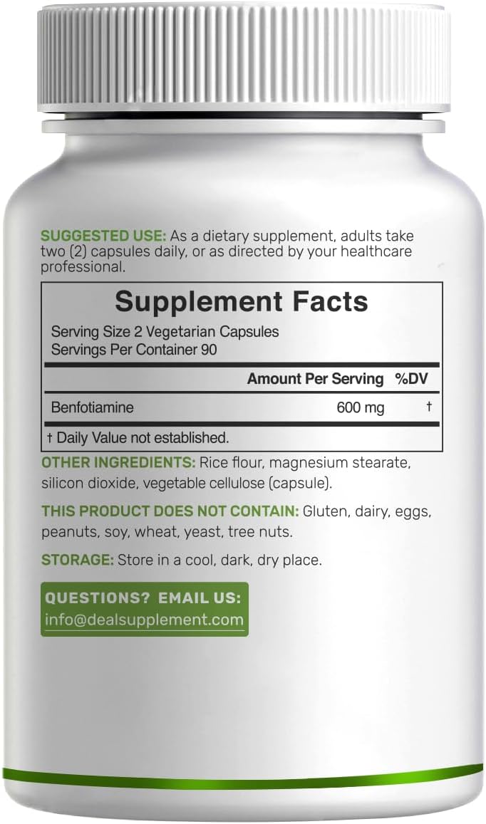 Benfotiamina 600mg por Dosis, 180 Cápsulas Vegetales – Vitamina B1 Liposoluble – Vegano, Sin Gluten, No GMO