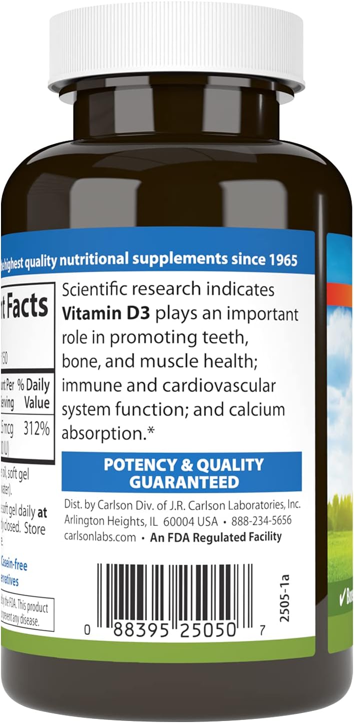 Carlson - Vitamina D3 2500 UI (62.5 mcg), 150 Cápsulas Blandas