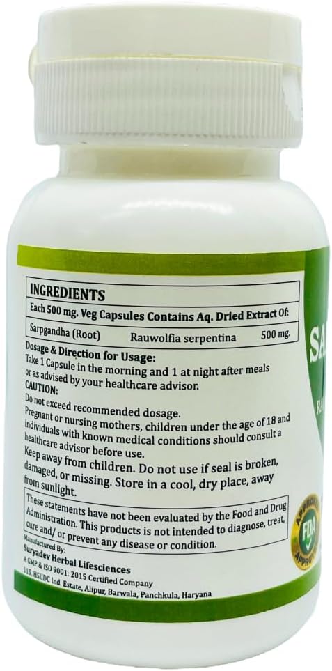Morsan Healthcare Sarpgandha (Rauvolfia Serpentina) 500 mg. Cápsulas, Suplemento Puro y Herbal 60 mg. Cápsulas Vegetales