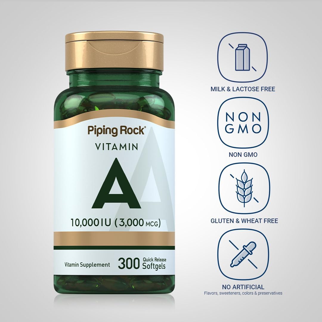 Piping Rock Vitamina A 10000 UI Softgels | 300 unidades | Suplemento No-GMO, Sin Gluten